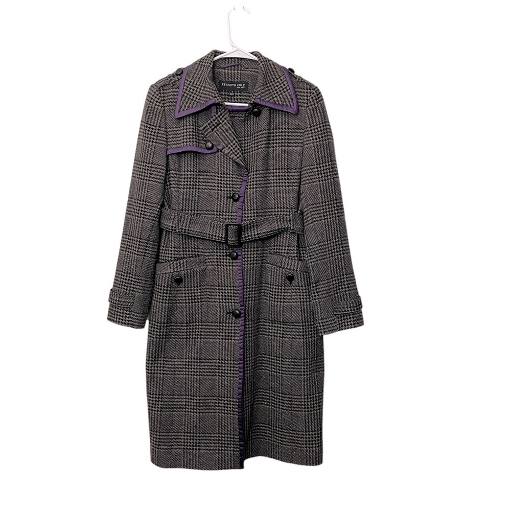 Kenneth Cole Wool Blend Houndstooth Dress Coat | Purple Brown Grey | Siz…